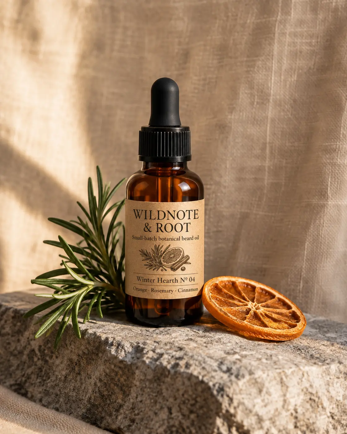 Wildnote & Root Winter Hearth amber dropper bottle with rosemary and dried orange