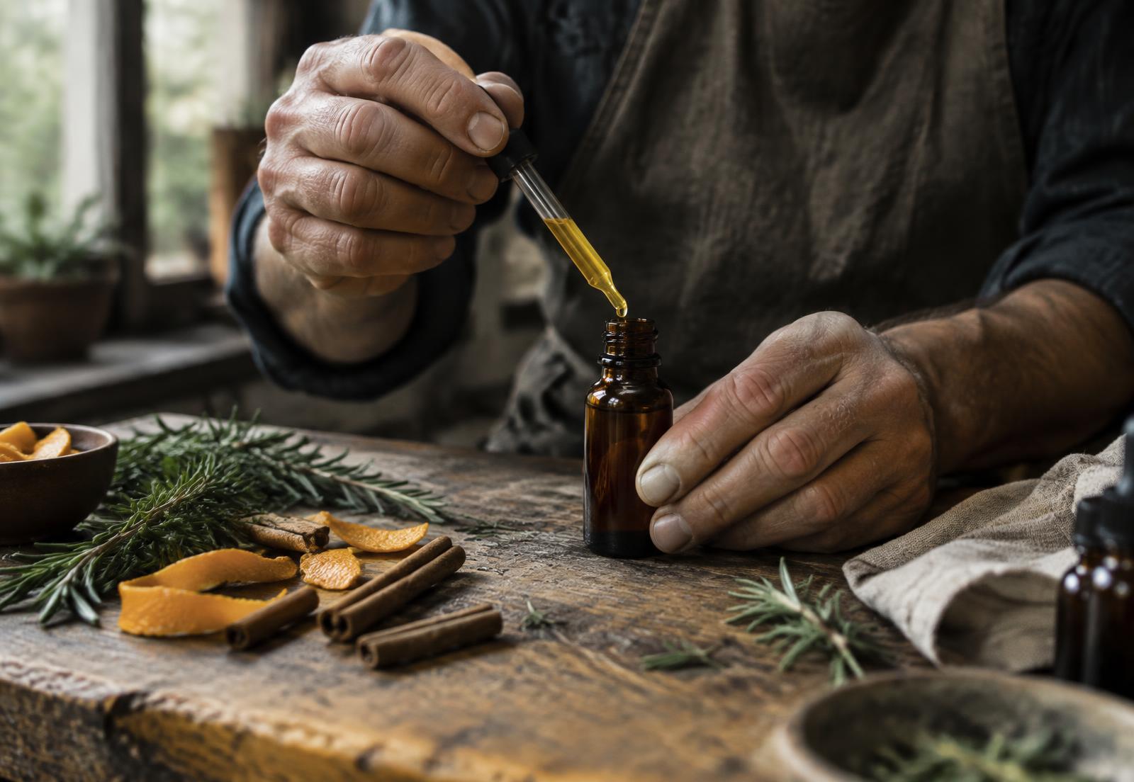 Hands filling an amber dropper bottle with oil beside rosemary, orange peel and cinnamon